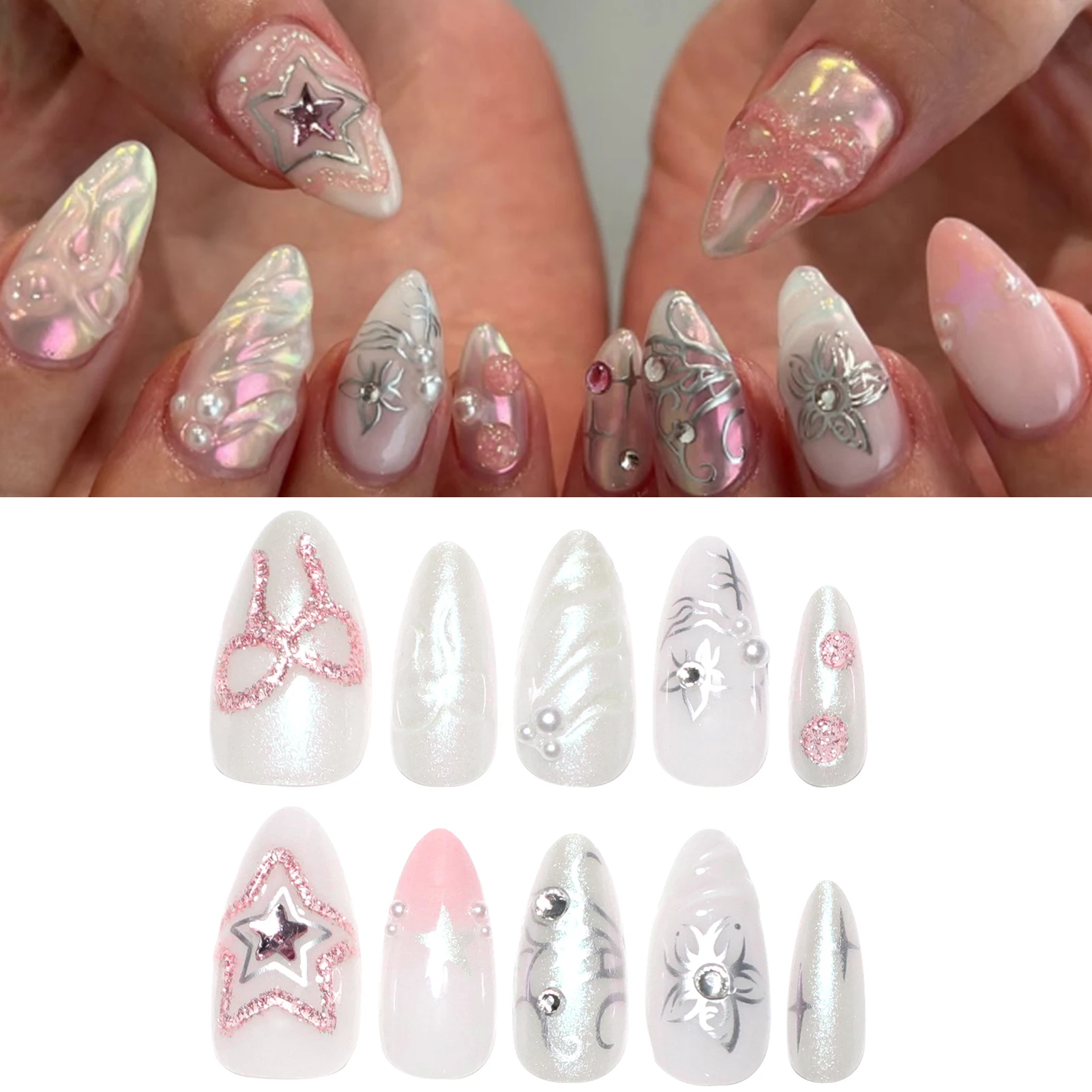 

24pcs INS Almond Fake Nails with 3D Star And Bowknot Decor False Nails For Women Girl Wearable Reusable Fashion Press on Nails