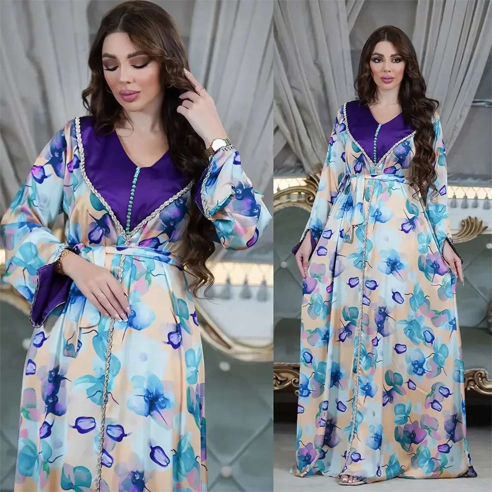 

Women's Jalabiya Vintage Floral Print Long Dresses Elegant Lapel Collar Diamonds Cuff Sleeve Kaftan Ramadan Muslim Women Clothes