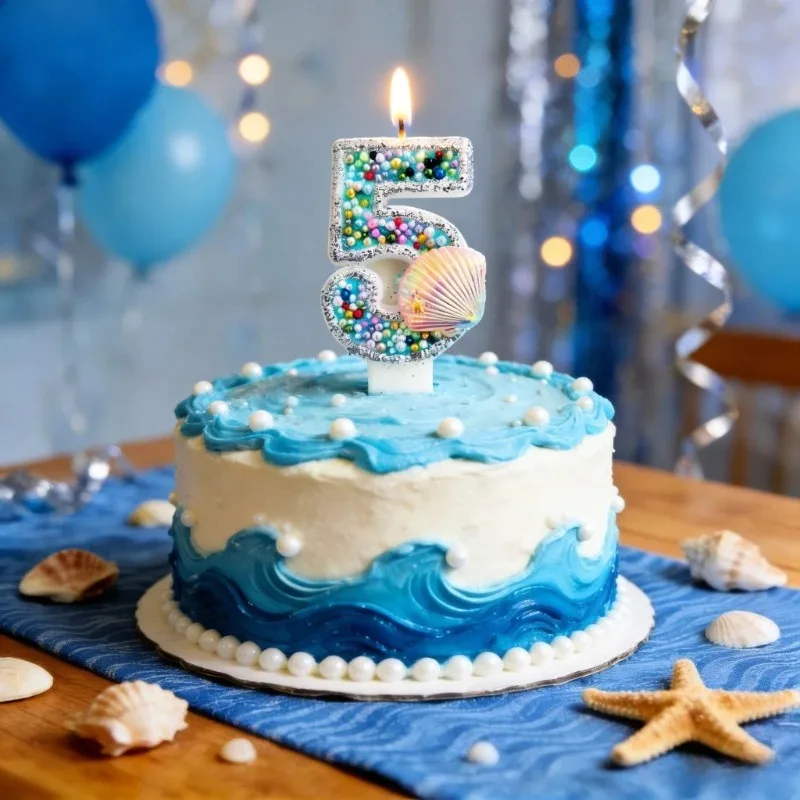 Blue Pearl Birthday Candles for Ocean Themed Party Glittery Birthday Number Candle for Kids Cake Decorations