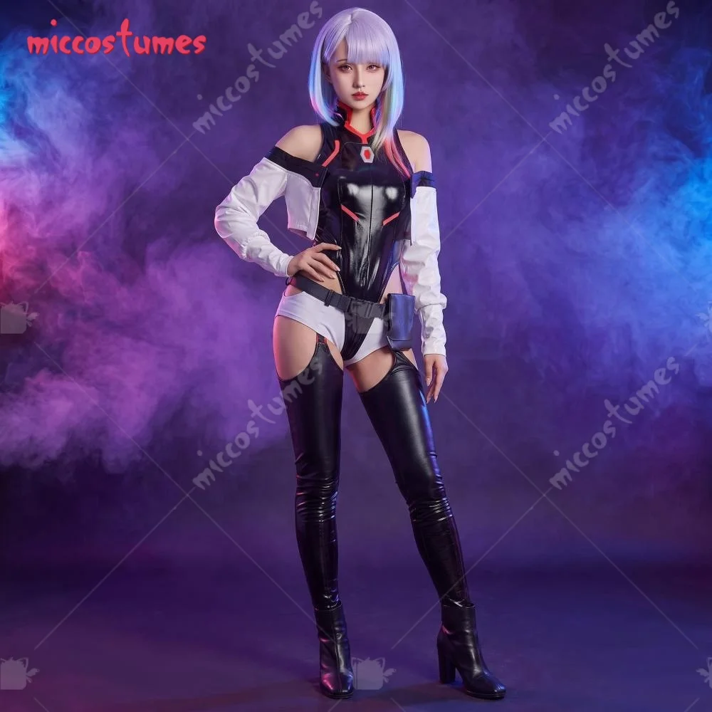 【Versandbereit】Cosplay.fm Damen Cyberpunk Cosplay Kostüm PU-Leder Bodysuit Set für Halloween