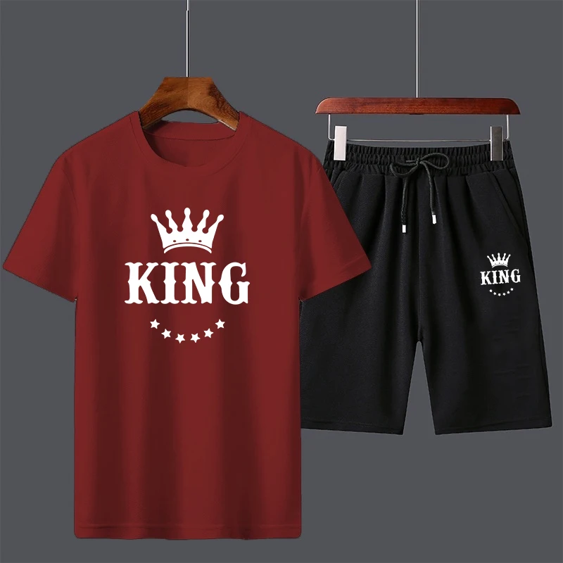 New Summer King Print Men\'s T-shirt Suits Short Sleeve Cotton T-shirt Short 2 Peices Set Tracksuits Jogging Suit 6 Colors