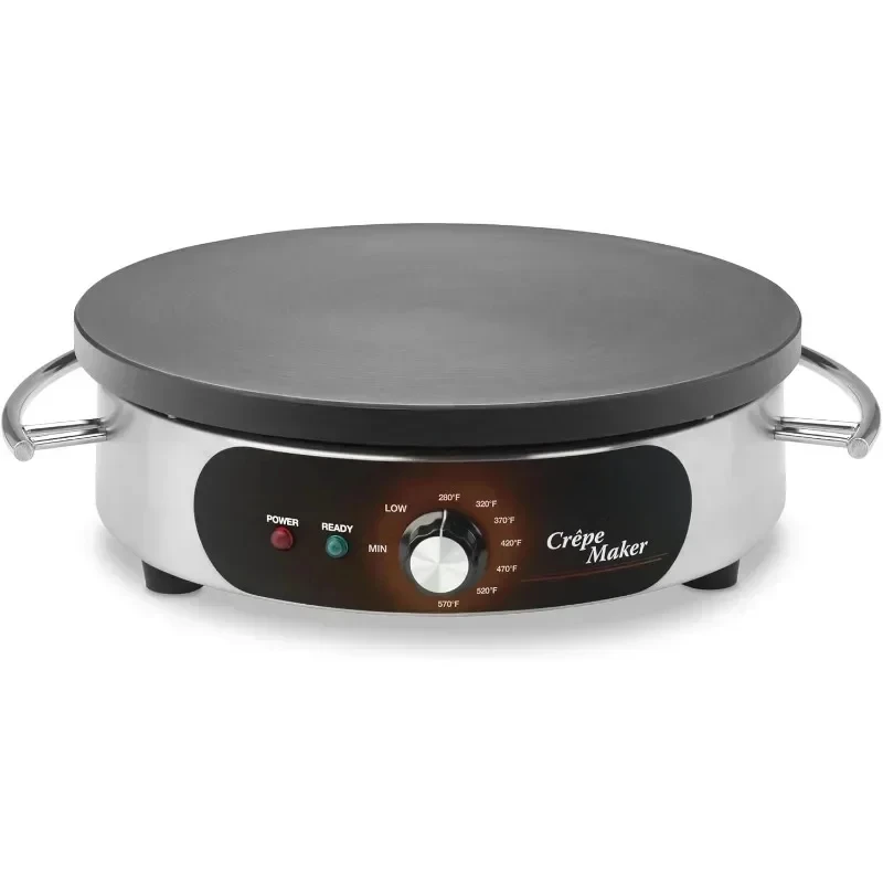 

Commercial Electric Crepe Maker, Cast Iron Cooking Surface, Stainless Steel Base, Includes Batter Spreader and Spatula