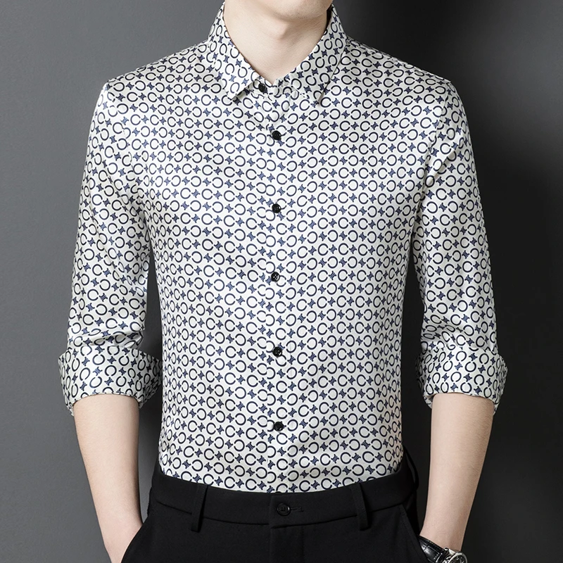 Real Silk Print Shirts For Men Business Casual Luxury Long Sleeve Spring High Quality Smooth Comfortable All Match Chemise Homme