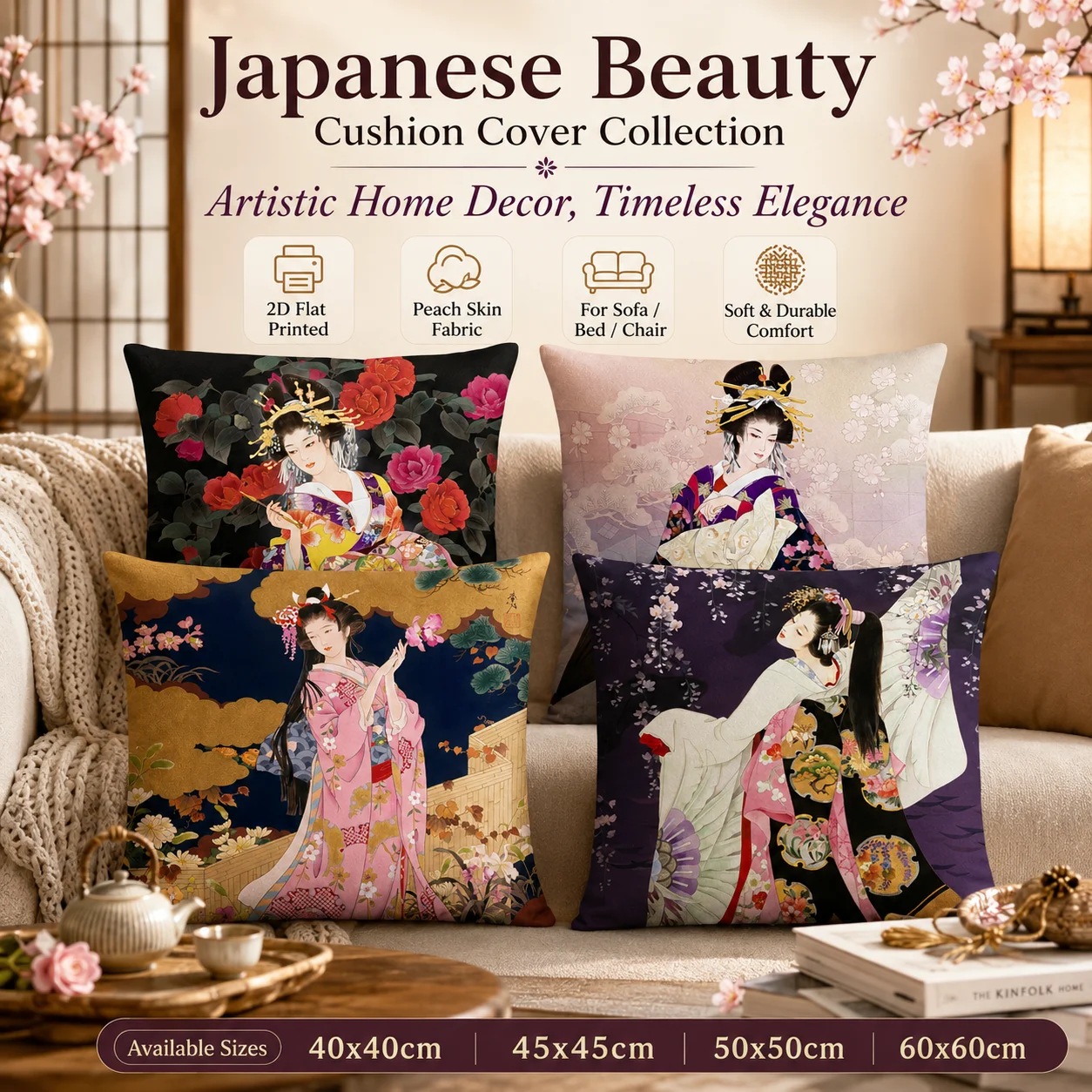 Japanese Geisha Kimono Girl 2D Flat Printed Peach Skin Pillowcase Vintage Asian Art Cushion Cover for Living Room Sofa Decor