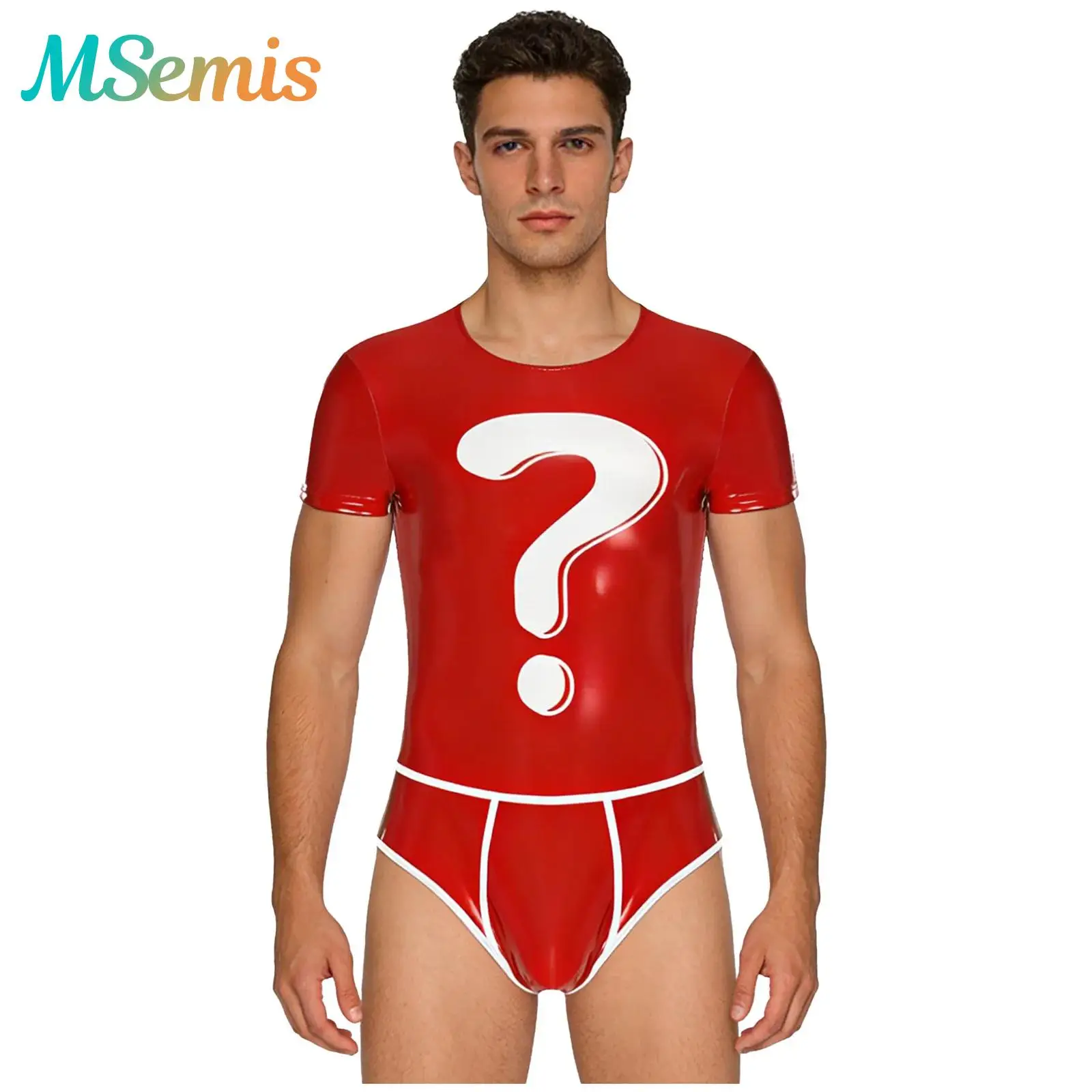 

Mens Adult Bulge Pouch Romper Swimsuit Clubwear Oil Glossy PU Leather Question Mark Graphic Bulge Pouch Bodycon Leotard Jumpsuit