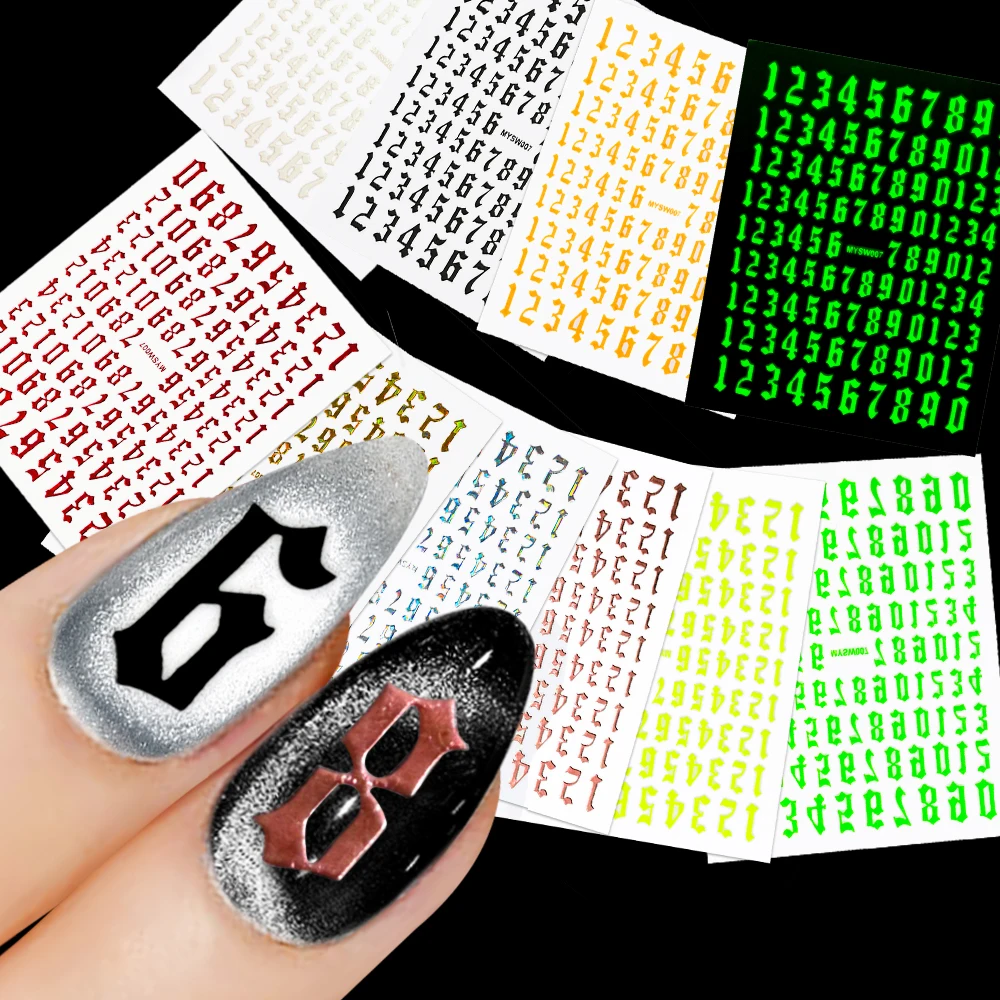 Adesivos auto-adesivos para nail art, 1 parte, números arábicos, laser, 3d, para manicure, decoração, diy, 8x10cm