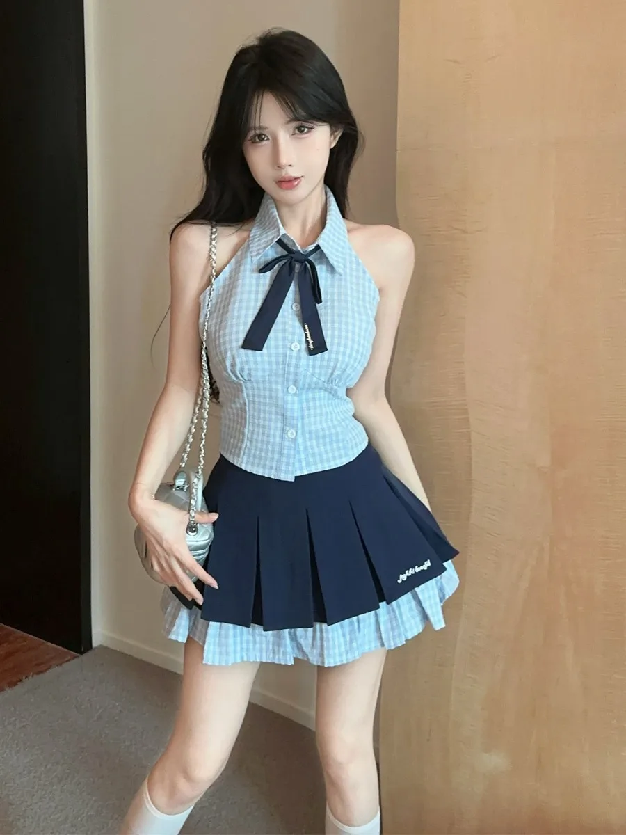 

Korean College Style JK Uniform Set Pure Desire Plaid Hanging Neck Top Pleated Short Skirt Sweet Spicy Girl Two Piece Set