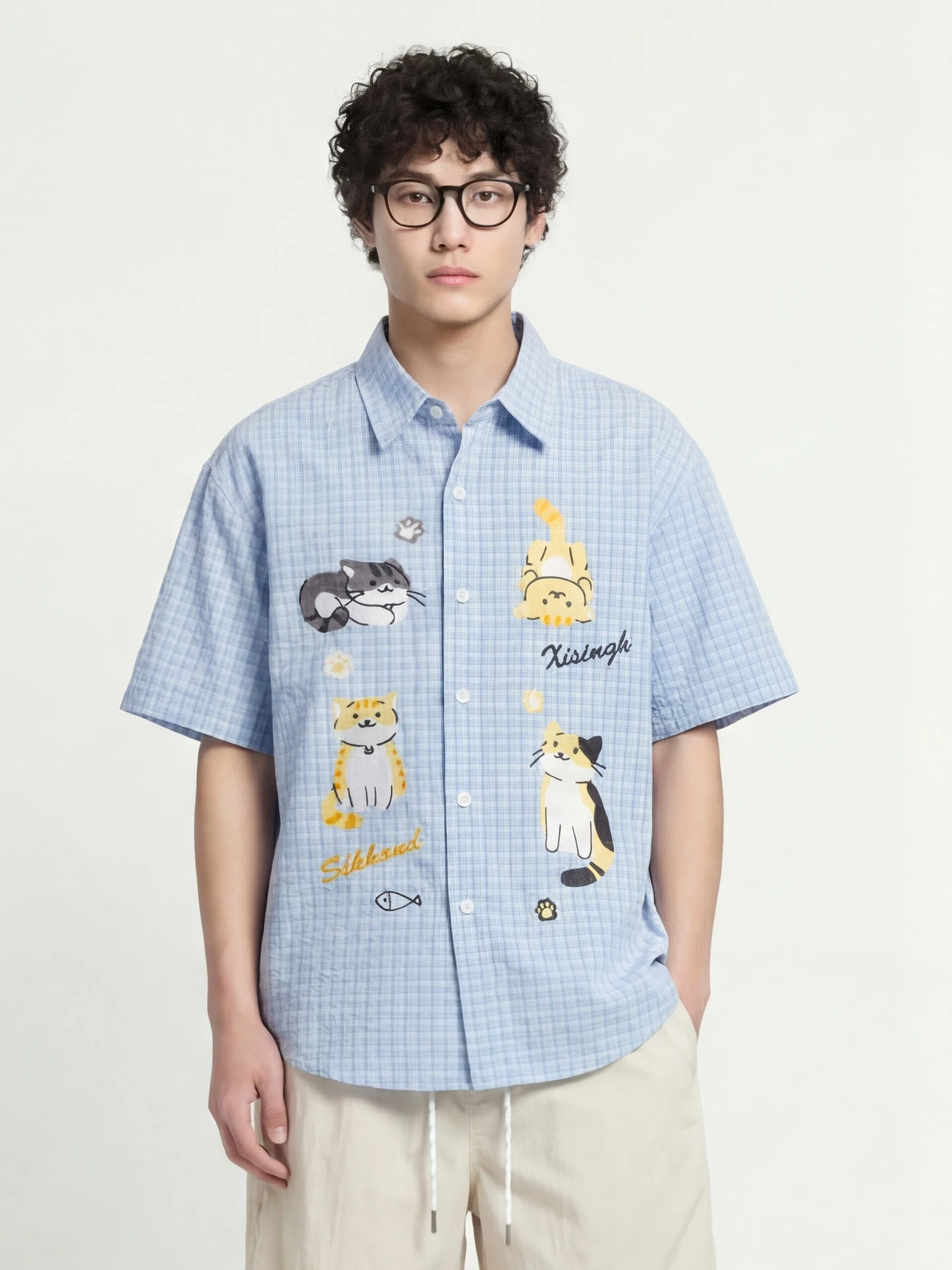 

Loose ort Sve Embroidery Bow Tie Design Blue And White Plaid Men's Casual irt Breathable Comfortable Summer irt