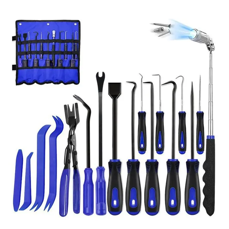 TFORU-Gasket Scraper Clip Pliers 17 Pcs Hook And Pick Set Auto Trim Removal Tool Kit, Telescoping Magnetic Pickup Tool