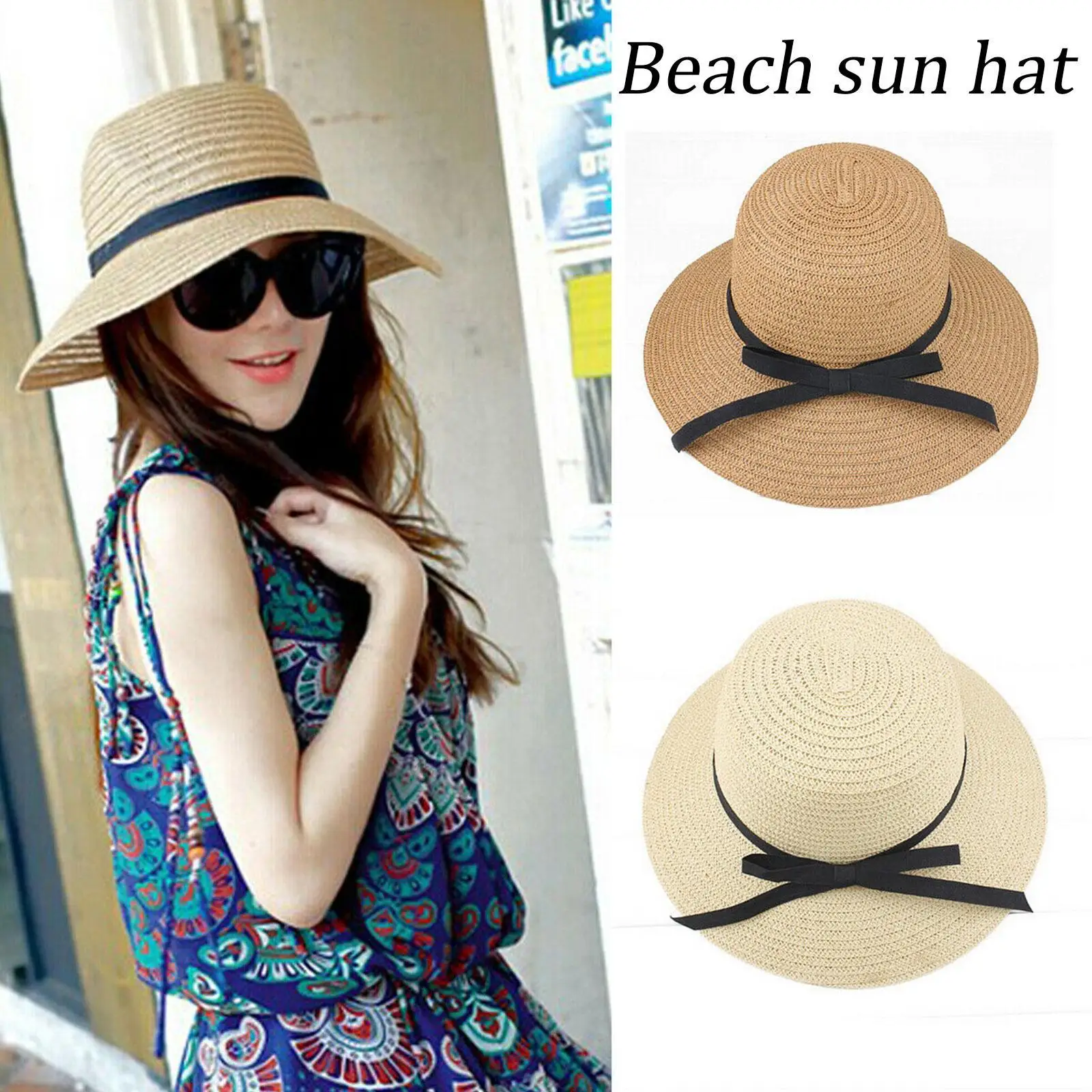 Summer Straw Hat Big Wide Brim Foldable Beach Sun Hat Straw Floppy Sun Block UV Protection Hat Ladies Outdoor Travel Straw Hat