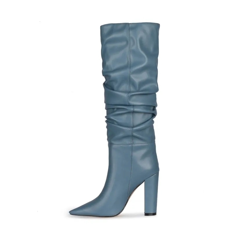 Olomm New Handmade Women Knee High Boots Stable Square High Heels Pointed Toe Gorgeous Blue Black Party Shoes Women US Size 4-13