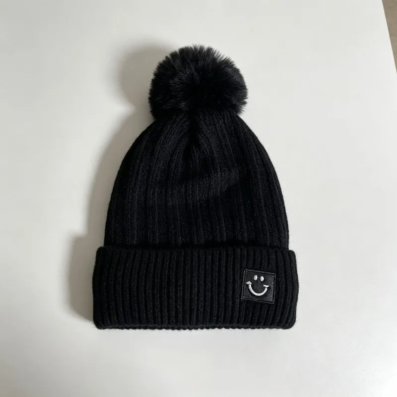 Women's Winter Smiley Face Pom Pom Beanie Hat Thick Warm Knit Cap Ear Protection Large Head Circumference Cold Hat