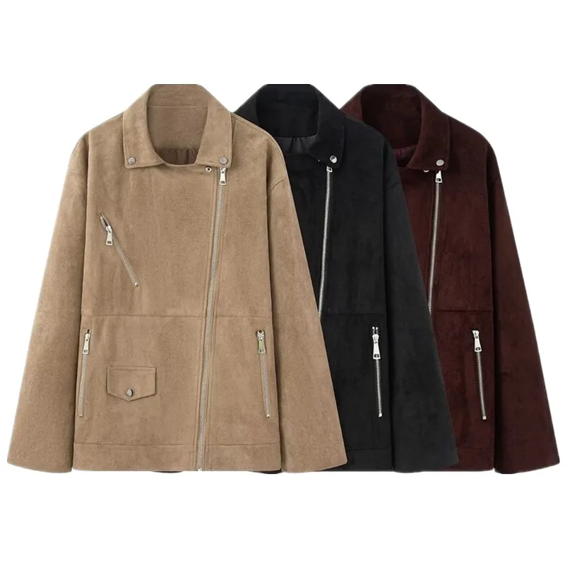 Automne 2025 femmes velours Biker Sle Jaet col vêtements d'extérieur polyvalent Faionable dames ort manteau européen Sle