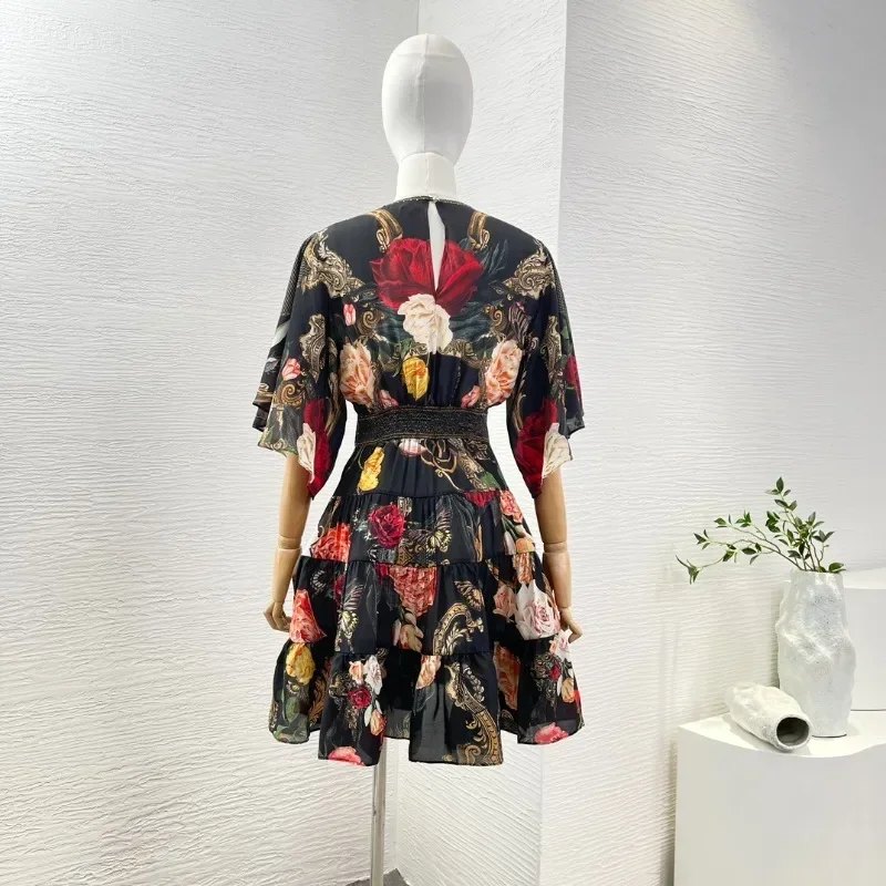 Pure Silk Black Mini Dress for Ladies French Style Rose Flowers Print Long Sleeve Diamonds Deep V Neck Short Dresses Top Quality