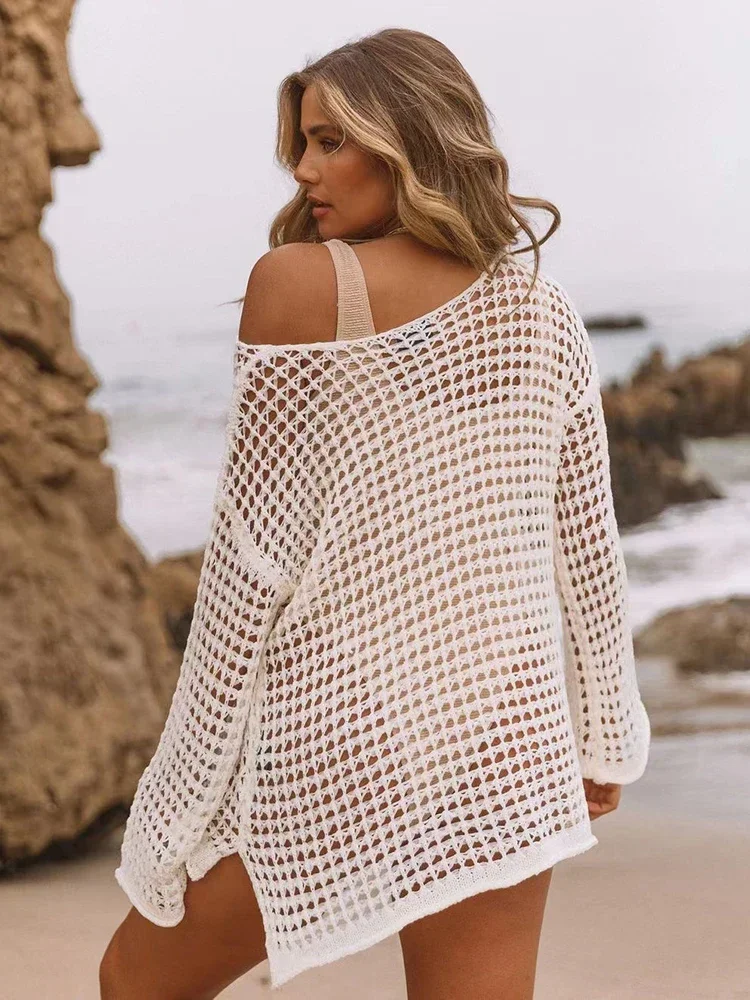 

2025 new Knitted Bikini Cover-Ups Women Beach Cover Up Hollow Out See Through Summer Fashion Female Classic Slit Cut Beachwear