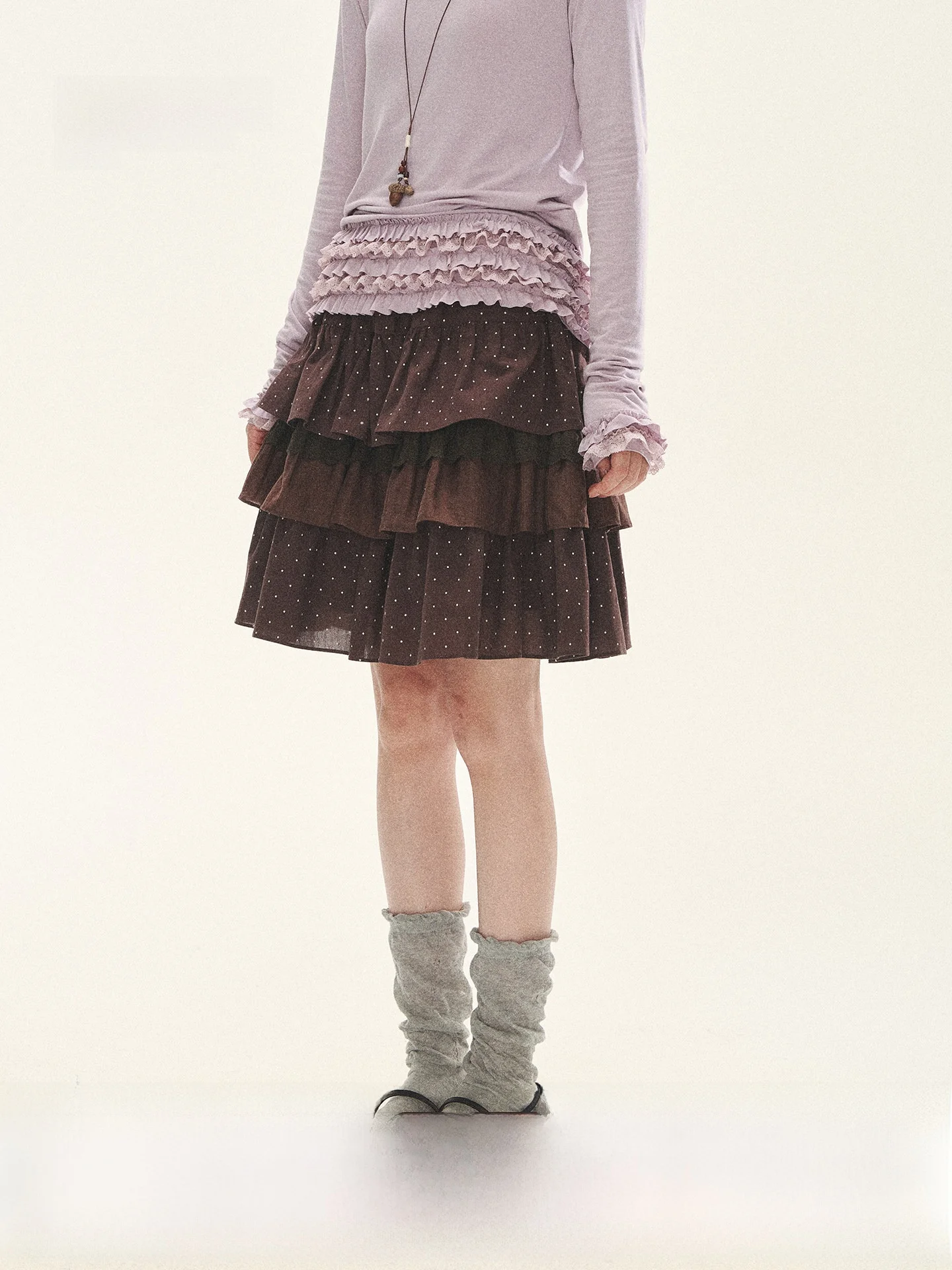 

Карамельная кружевная юбка в горошек с 3D-эффектом, многослойная, с завышенной талией, в стиле «торт», с кружевной отделкой, создающая объемный эффект, для весеннего повседневного образа и поездок на работу.