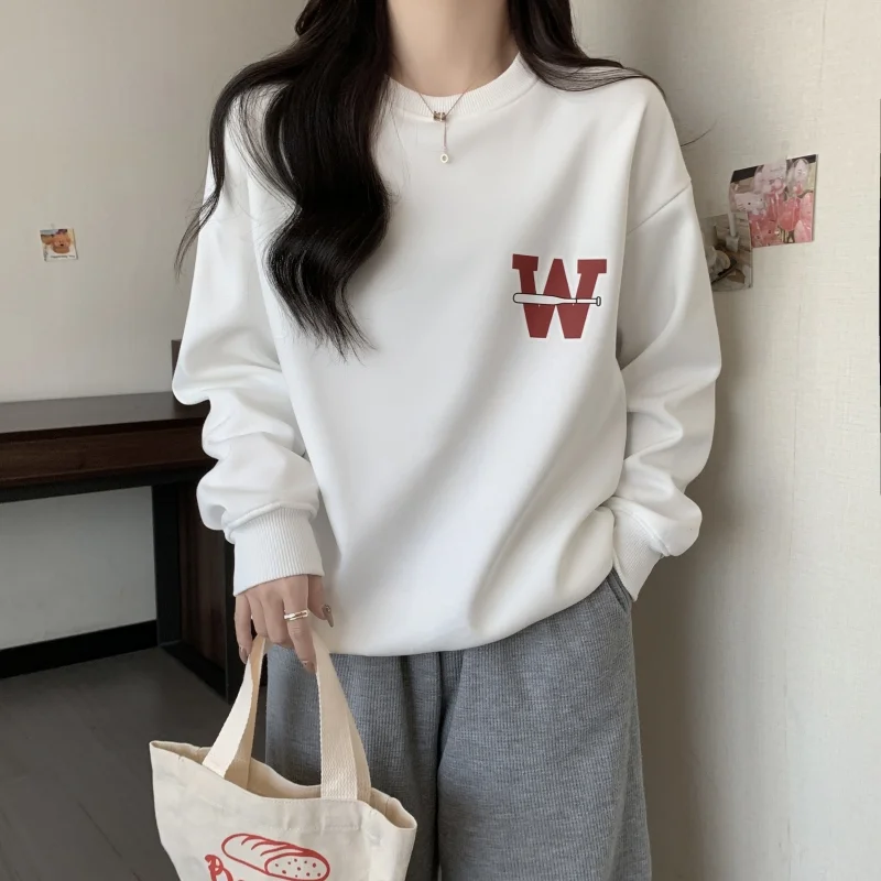 

Women White Sweatshirt Printing Vintage Long Sleeve Korean Fashion Baggy Casual Y2K Style Autumn 2023 Female Short Pullover Tops