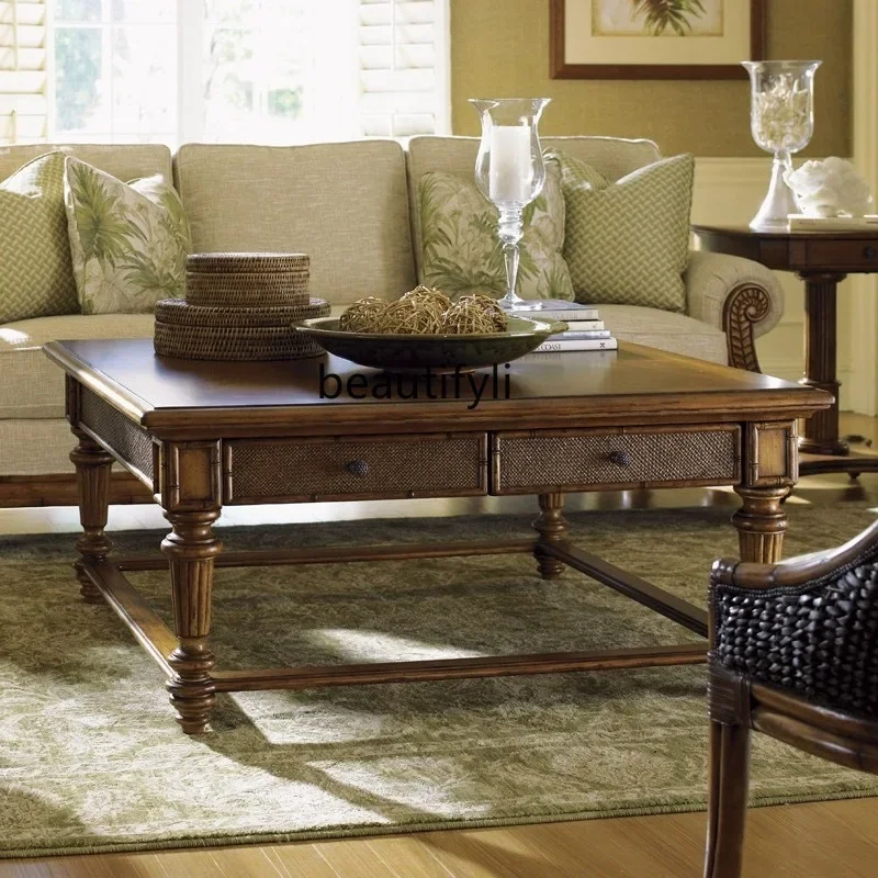 

Retro Solid Wood Square Coffee Table Rattan Double Drawer Storage Table French Sofa Side Table