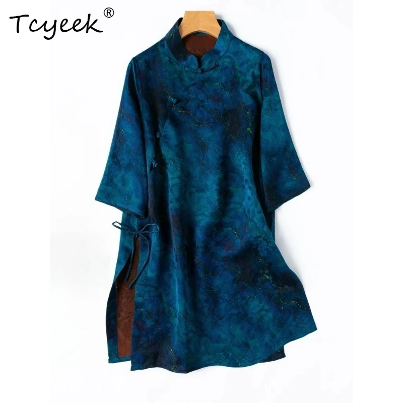 

Женская рубашка Tcyeek из 100% натурального шелка, летняя коллекция 2026, элегантная, простая, свободного кроя, в китайском стиле, цвет скуба-блю, женская одежда, топы De Mujer