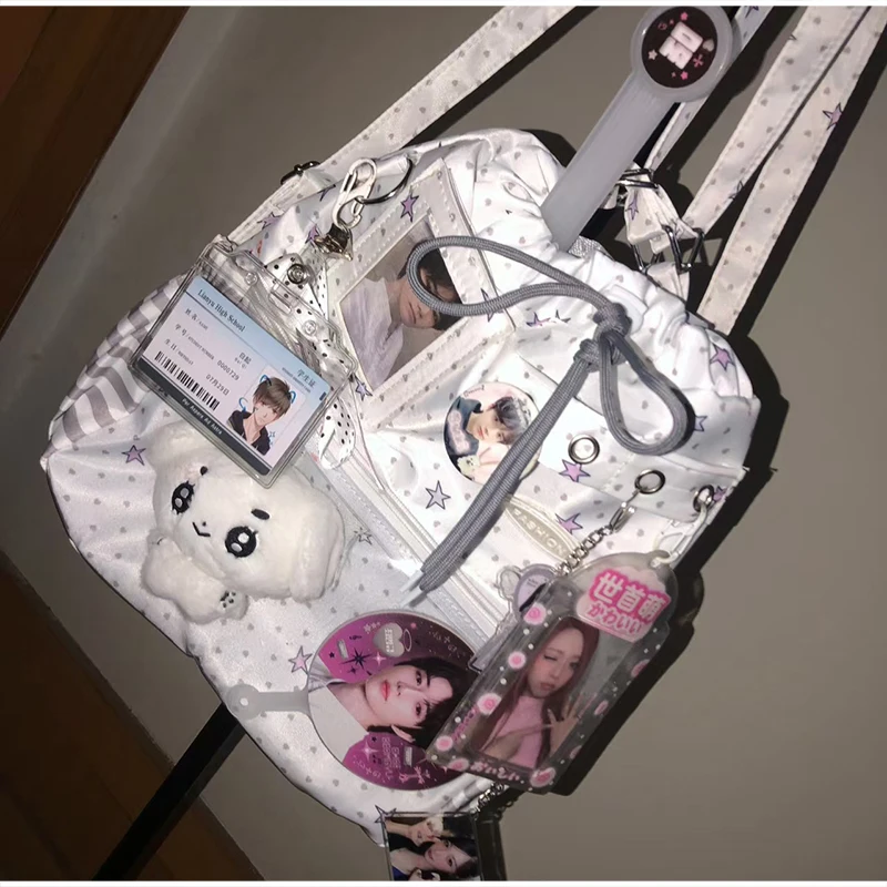 

Harajuku Ita Bag,Polka Dot Drawstring Backpack,DIY Transparent Layer Shoulder Tote,Cute Anime Crossbody Purse for Daily Commute