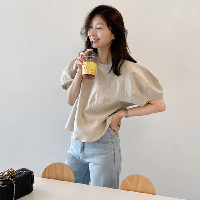 Coréen Sle coton lin ort Sve bulle Sve T-shirt femmes paresseux Sle irt été 2025 nouveauté décontracté trajet