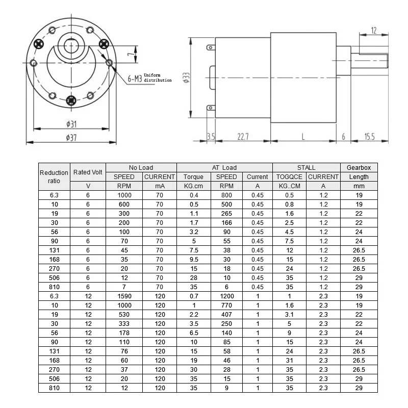 JGB37-520 Hall Encoder Miniature Brushed DC Motor 6V12V Forward and Reverse Adjustable Speed 6RPM~1590RPM with Speed Measurement