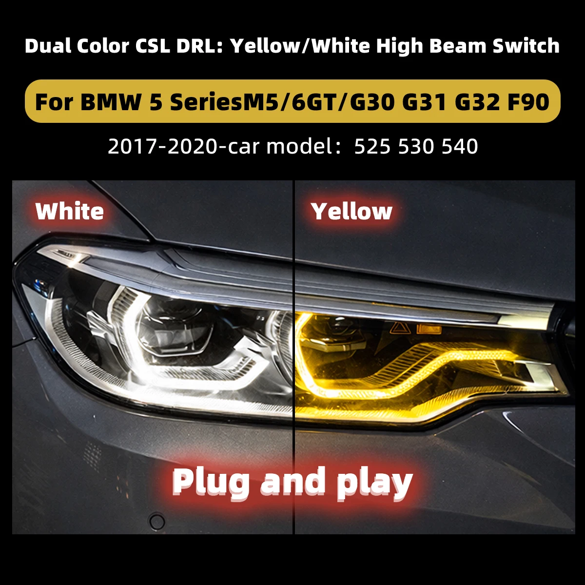 For BMW 5 Series M5 6GT G30 G31 G32 F90 2017-2020 Dual Color DRL CSL Yellow White High Beam Switch Plug and Play Daytime Running