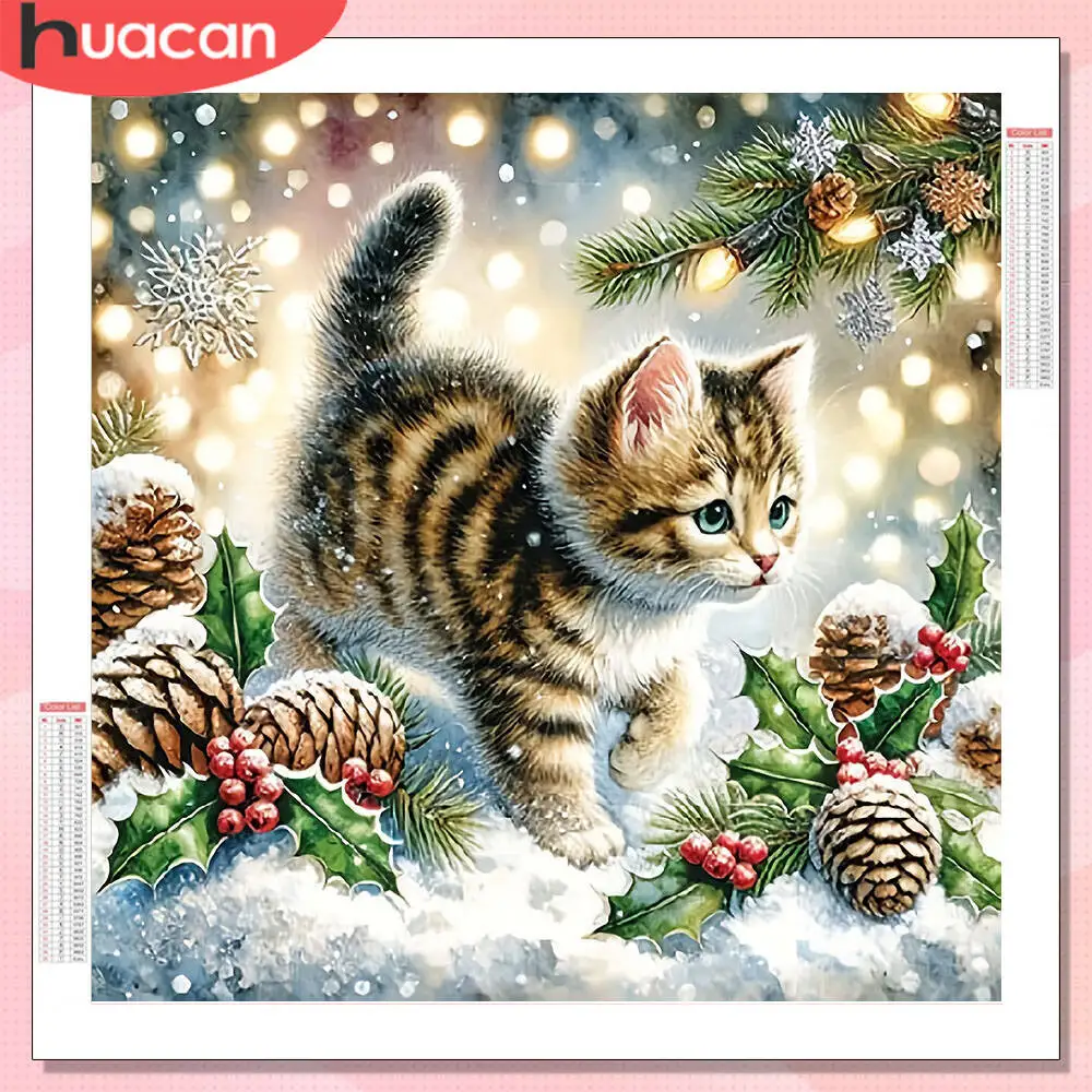 HUACAN 5D Diamant Malerei Katze Weihnachten Voll Platz Runde Bohrer Dekoration Für Home Diamant Mosaik Winter Tier