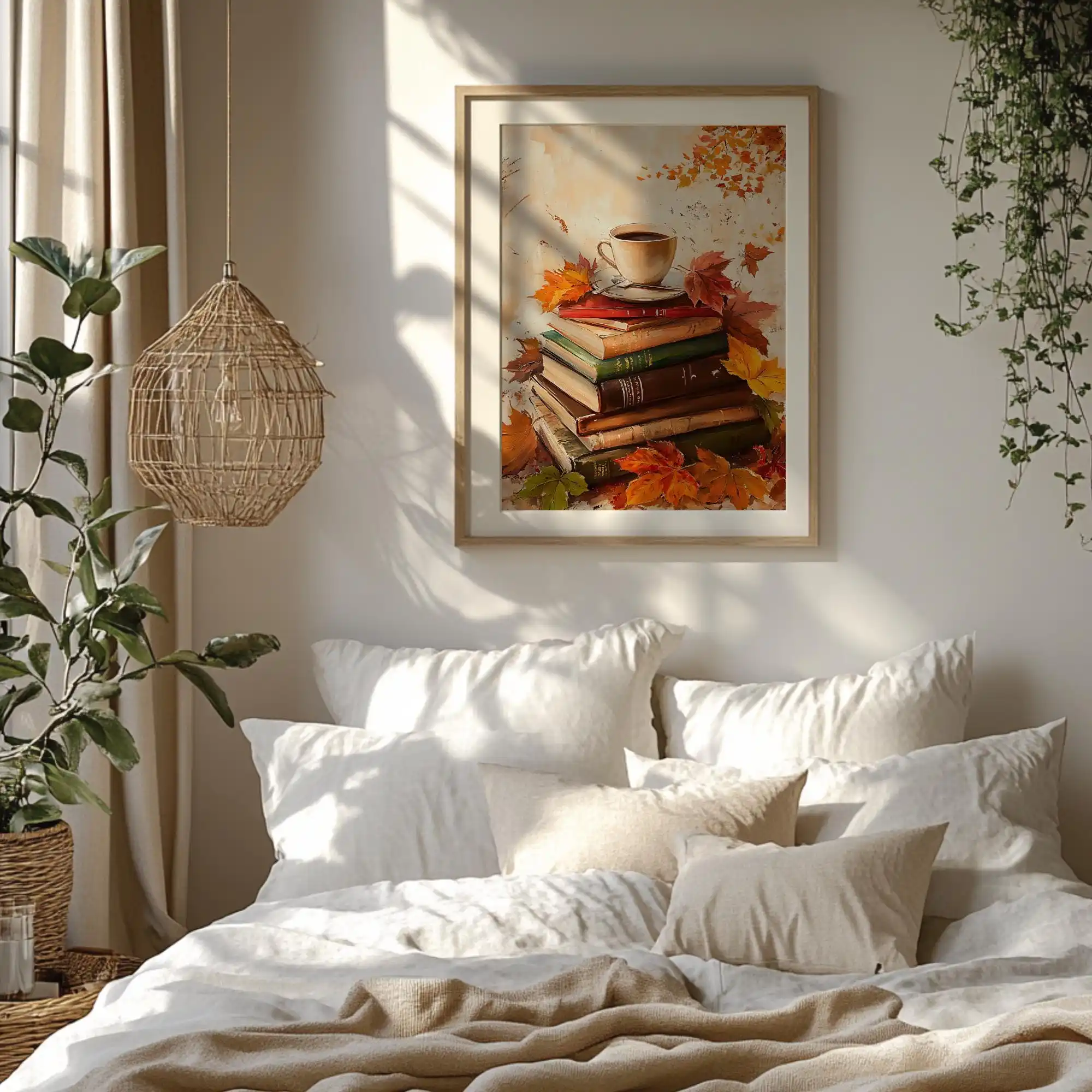 Vintage Fall Coffee & Book Canvas Wall Art - Autumn Books Poster, Rustic Reading Prints for Warm Farmhouse & Bedroom Decorations