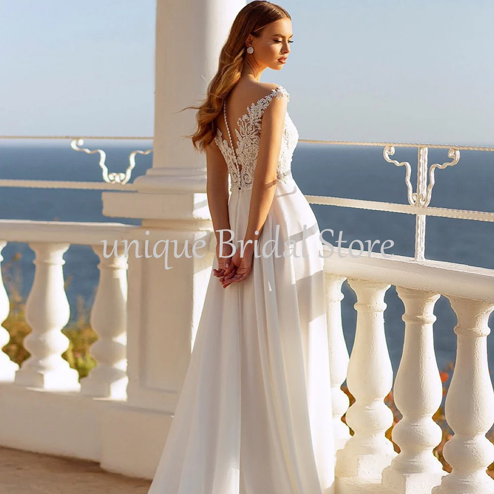 UETEEY Elegant Summer Wedding Dress for Bride Lace Cap Sleeve Scoop Neck With Button Side Slit 2022 A Line Chiffon Bridal Gowns