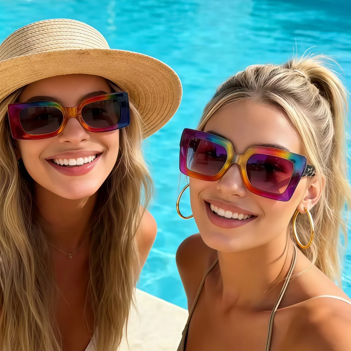 2pcs European and American style unisex fashionable square sunglasses Y2K rainbow color trend versatile summer sun shading, sun