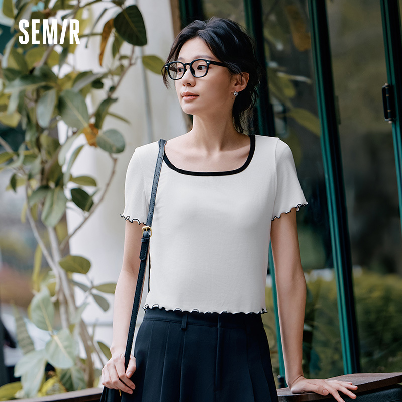  Semir Short Sleeve T-Shirt Women Slim Fit Base Layer Square Round Neck Thin Summer Top Sweet Ruffled Hem for Casual Style 