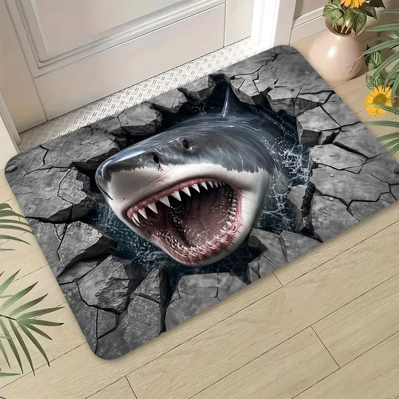3D Shark Breaking Door Welcome Mat 2D Flat Print Washable Rug For Kitchen Dining Room Indoor Outdoor Party Home Decor