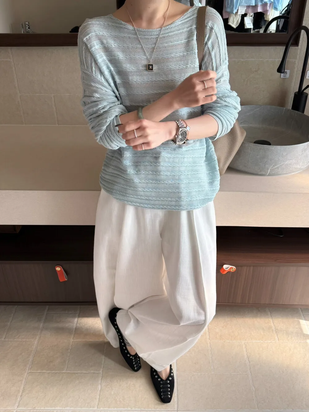 

Lilian Legacy Bone Women's Knitted Hollow out T Top Casual Lazy Twist Knitwear Loose Fit Long Sve round Ne Spring