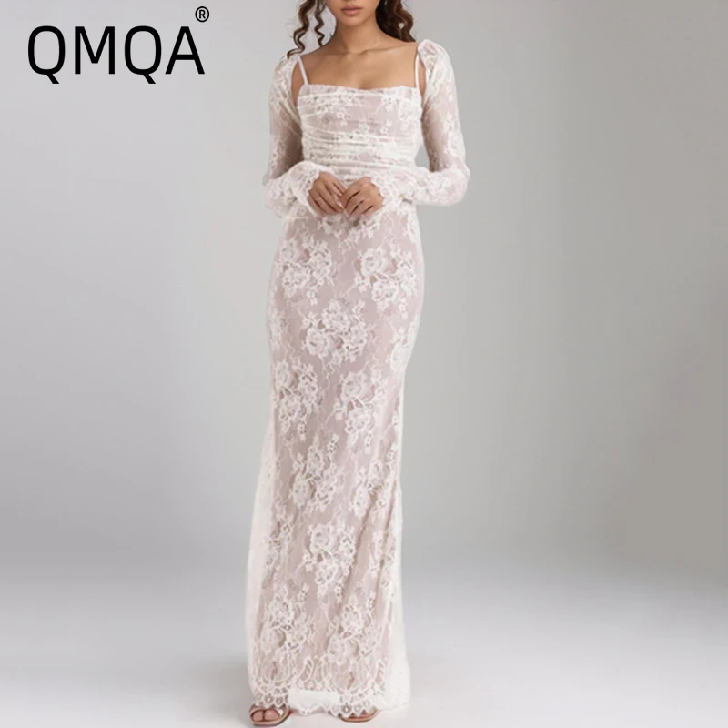 

QMQA Fashion Women's Floral Lace Dress Suits Long Sleeve Short Top Strapless Sleeveless Bodycon Dresses Slim Sets Female QM543