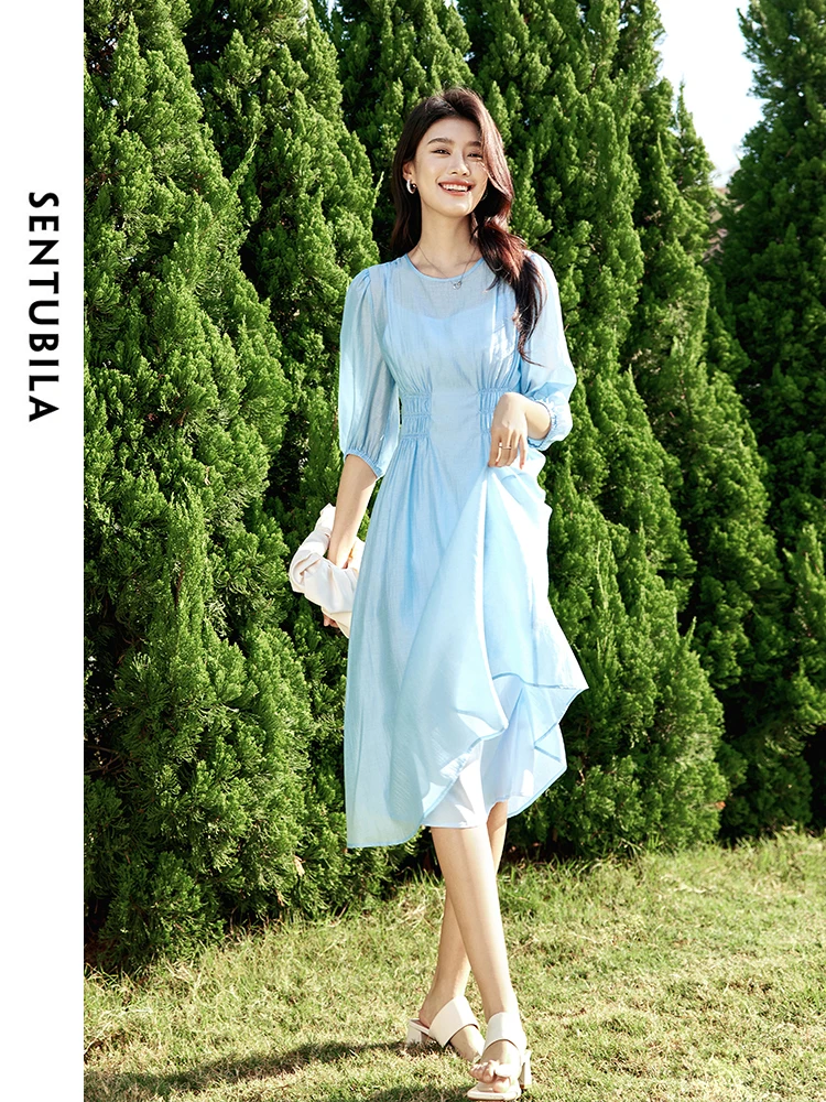 SENTUBILA Summer Three Quarter Sleeve Dresses Sets 2024 Summer Round Neck A-line Dress Camisole Dress 2 Piece Set 142L54138