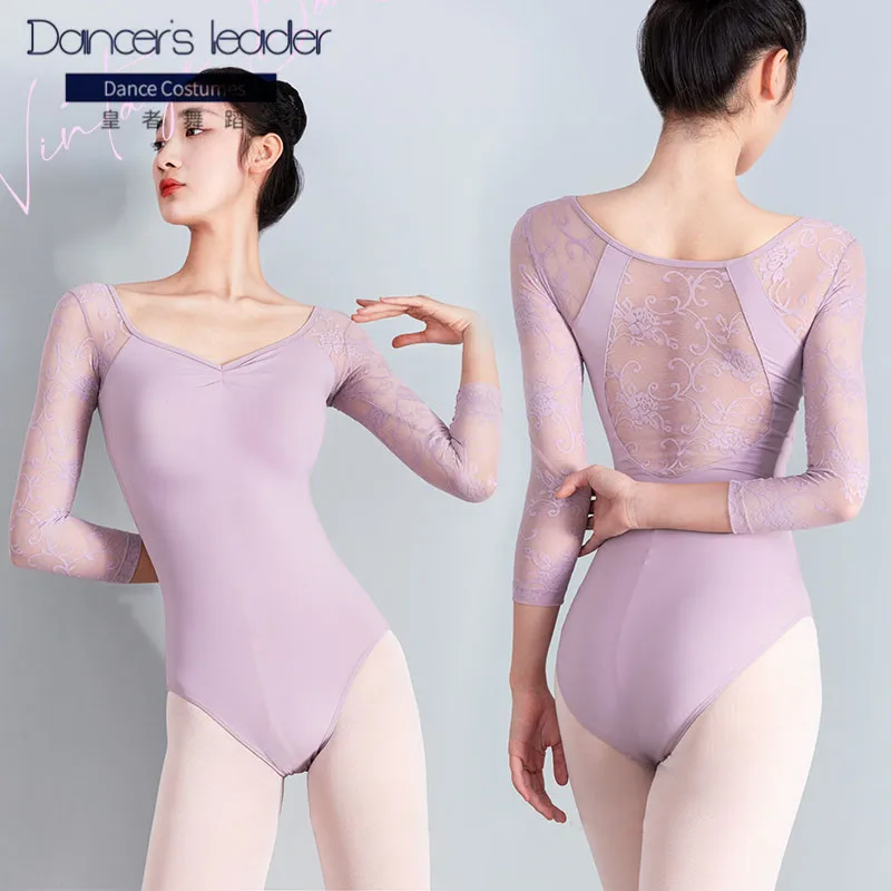 Ballet Leotard For Women's Exercise Clothes Sexy Lace Flower Mesh 7 Minute Sleeves Gymnastics Suits Adult Ballet Stage Costumes