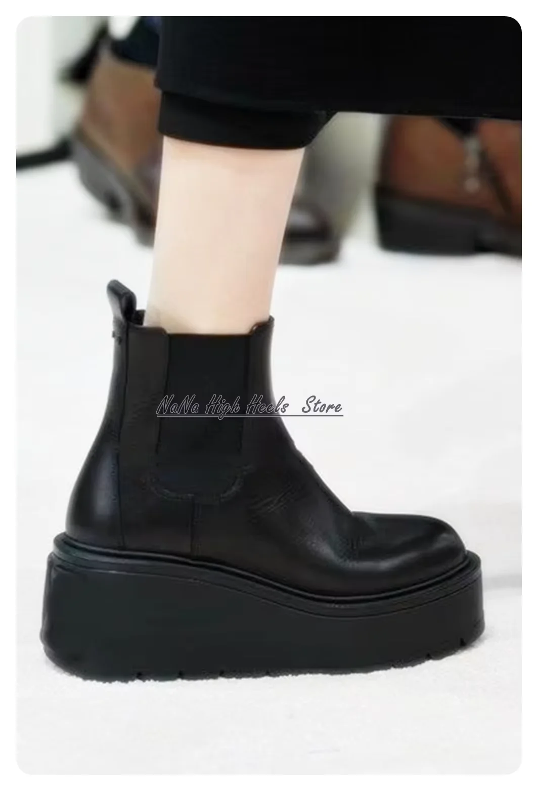 Fashion New Wedges Balck Leather Platform Boots Lady Mid-calf Round Toe Platform Luxury Slip on Boots Women Ankle Shoes image 3