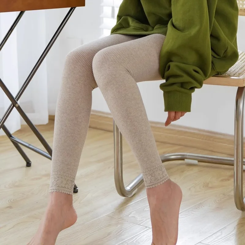 Fashion Solid Color Vertical Stripes Women's Leggings Autumn Warm Lace Design Thread Sexy Tight Cropped Pants Hosiery