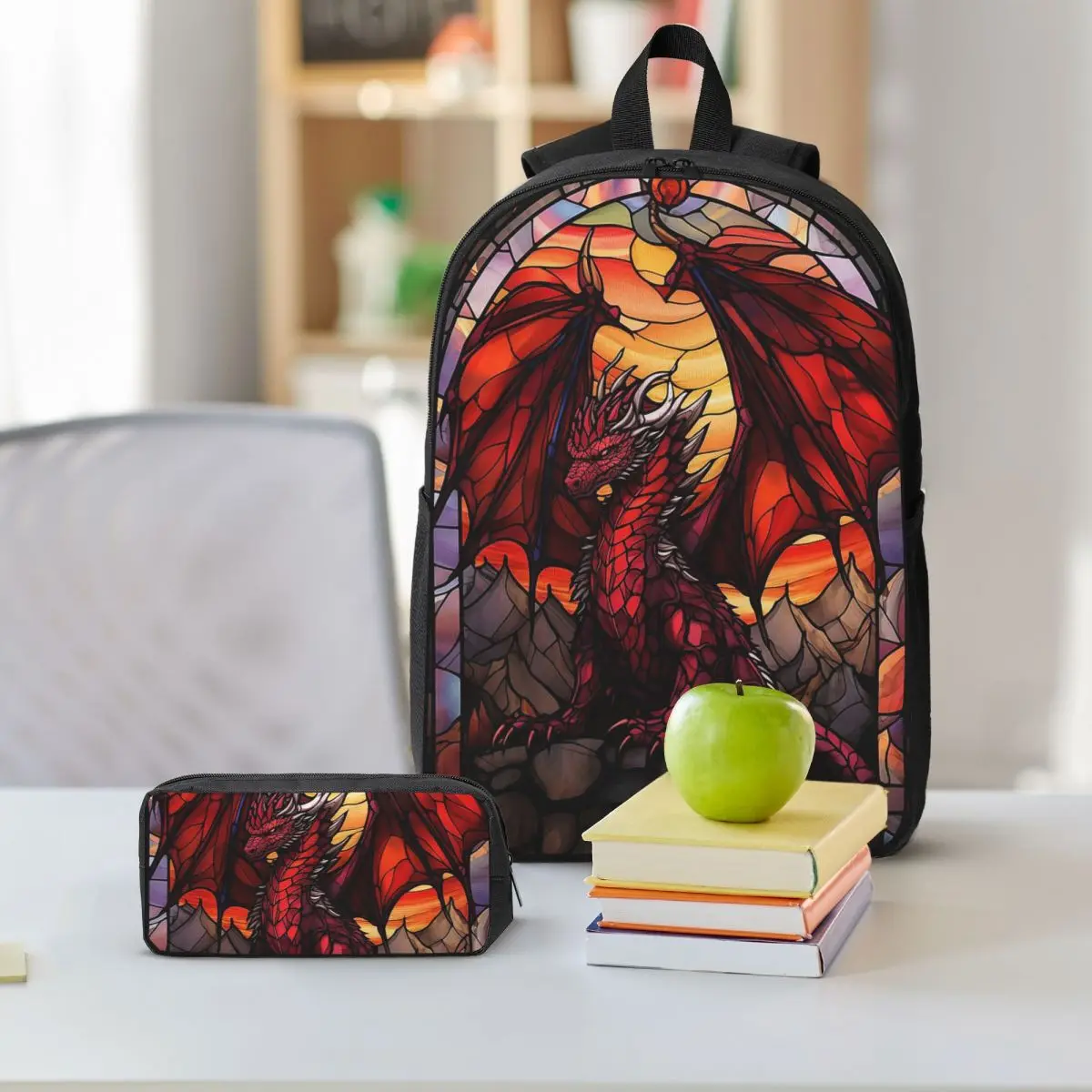 Vibrant Dragon Glass Art Backpack Boys Girls BookBag School Bag Shoulder Bags 3ps Insulated Lunch Bag Pencil Case