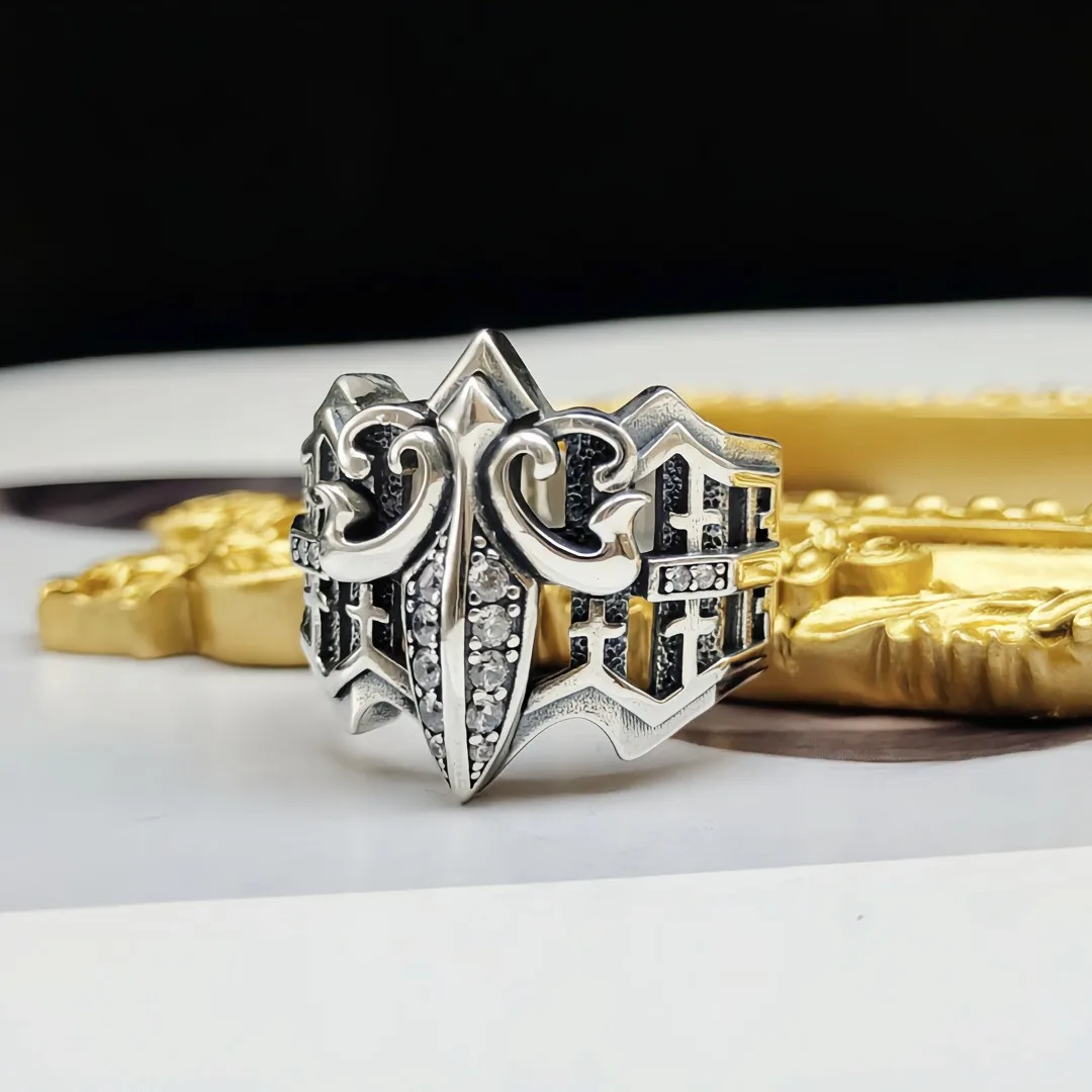 Men's index finger personality couple fashion S925 sterling silver cross zircon ring retro hip hop ring