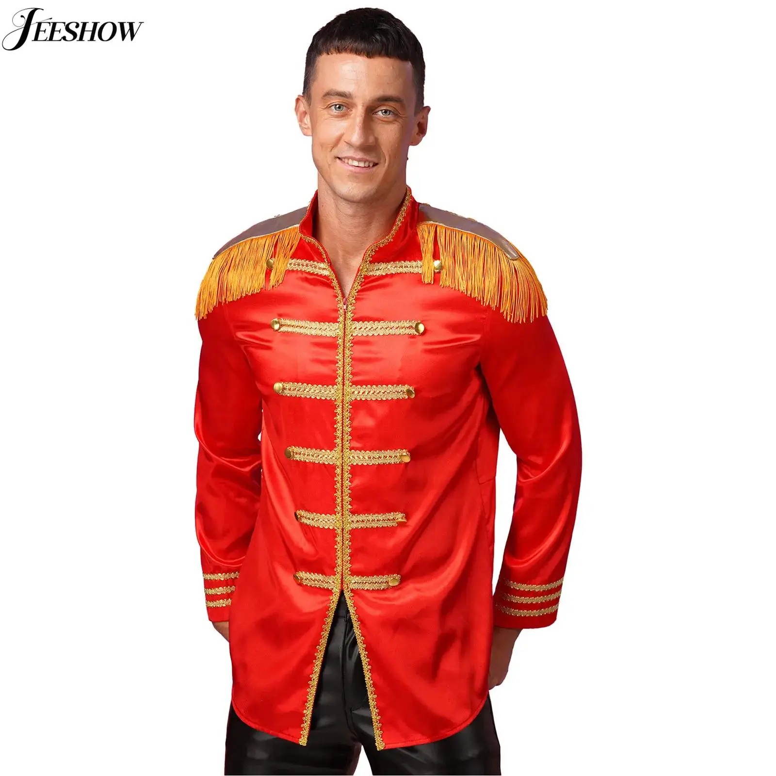 Mens SGT Sergeant Pepper Costume Satin Jacket Tassel Shoulder Boards Gold Trim Outerwear Rock Band Musician Hippie Fancy Dress