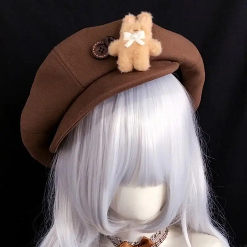 72XE Vintage Hat for Women Formal and Casual Wear Dome Caps with Stuffed Bear Winter Autumn Hat All Matching Accessory
