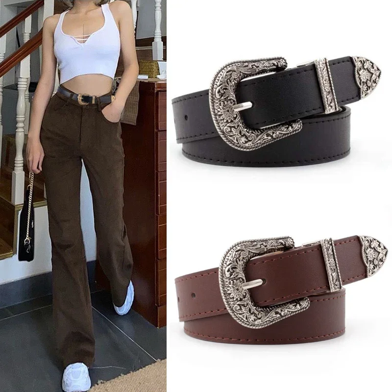 

Black Leather Belt Women Metal Heart Buckle Waist Belt Vintage Western Carved Jeans Ladies Belts Shirts Waistband Cinturon Mujer