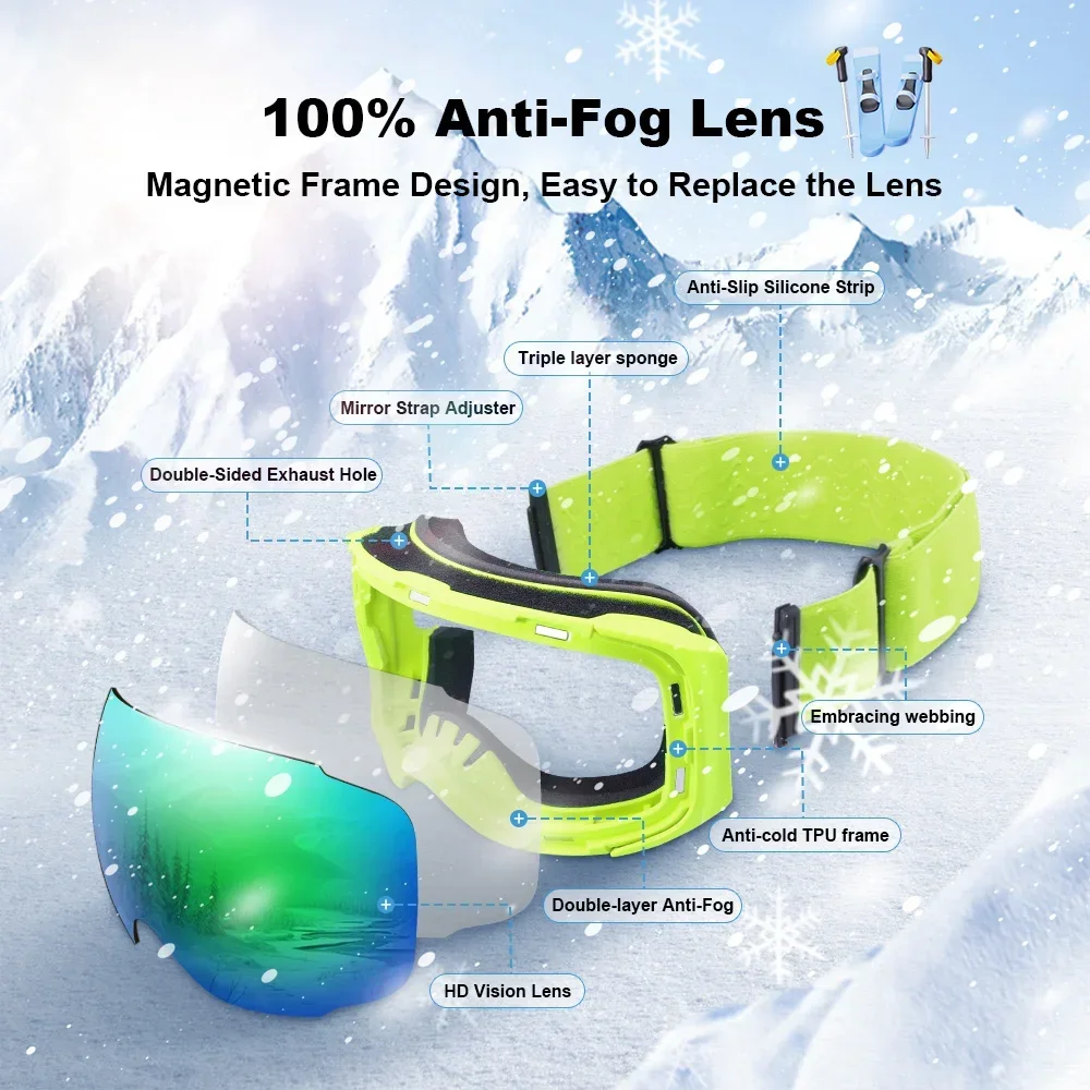 X-TIGER Ski Goggles Magnetic UV400 Winter Skiing Eyewear Anti-fog Lens Women Men Outdoor Sports Snowboard Snow Cycling Sunglass