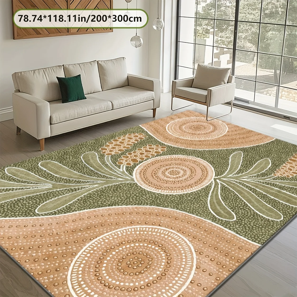 VIKAMA Boho Abstract Floral Area Rug,Non‑Slip Mat,Green Beige Geometric Plant Carpet for Living Room Bedroom Home Decor Rug