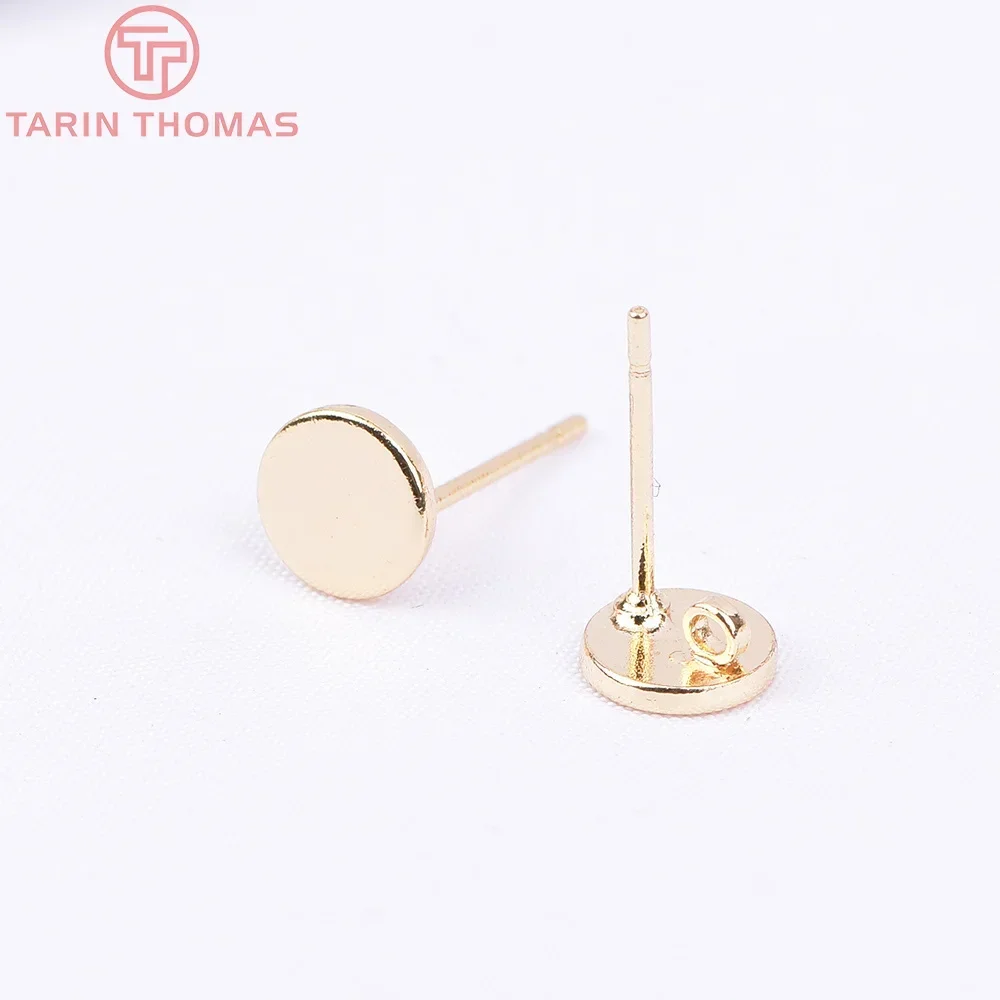 (2198) 10PCS 6x6MM 24K Gold Color Brass With Hooks Hole Round Stud Earrings Pins High Quality Jewellery Accessories