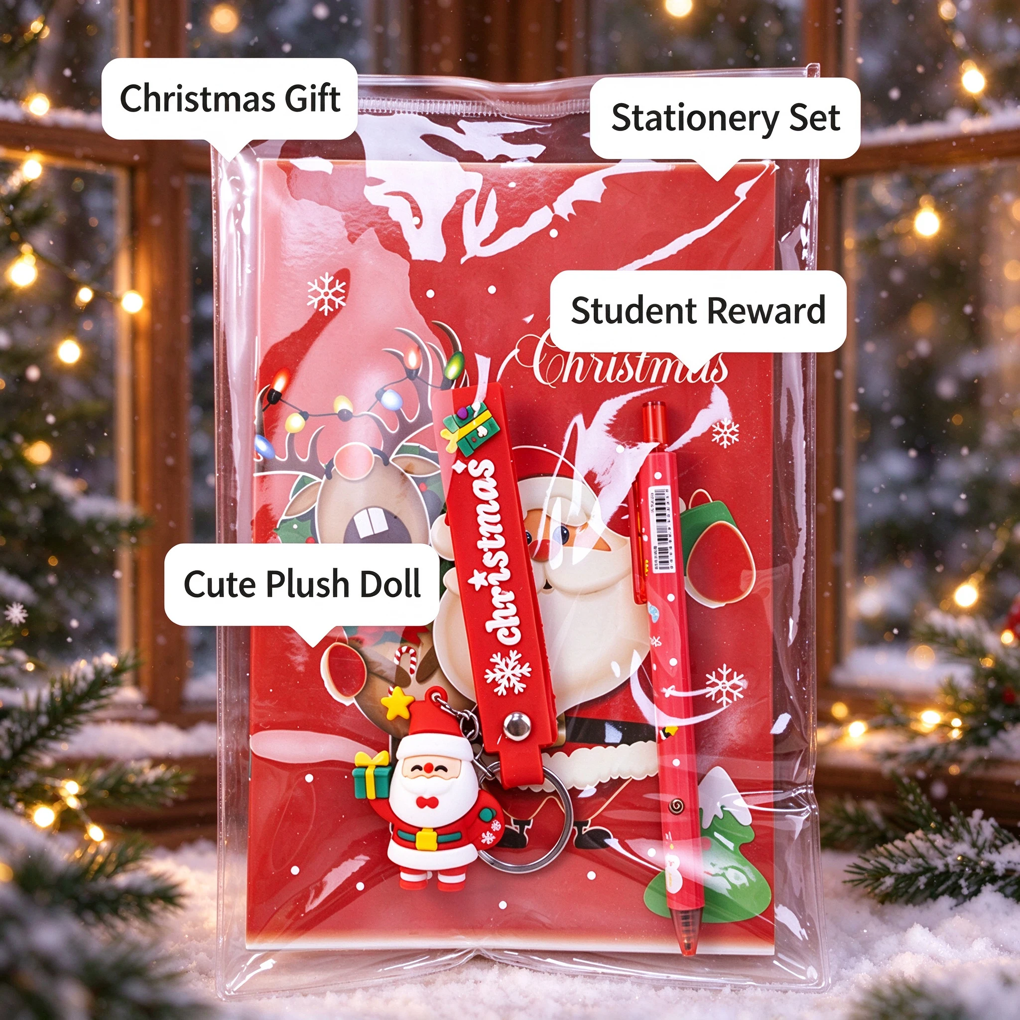 Xmas Stationery Gift Pack for Kids School Rewards, Stitched Line Notebook, Click Pen, Cute Plush Keychain