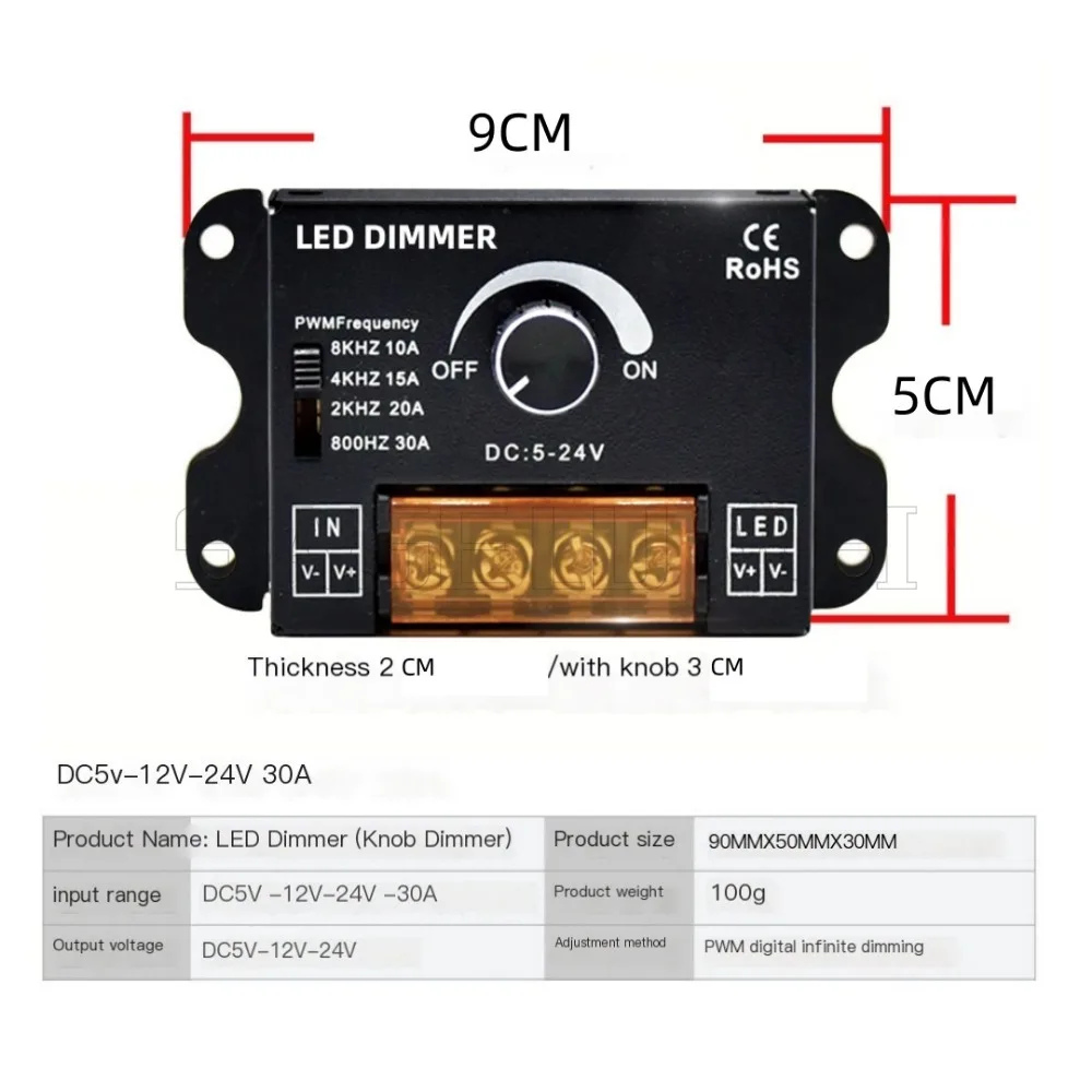 DC5V 12V 24V LED Knob Dimmer PWM Frequency 10A/30A Adjustable LED Dimming Controller  Switch ON OFF for Single Color LED Strip