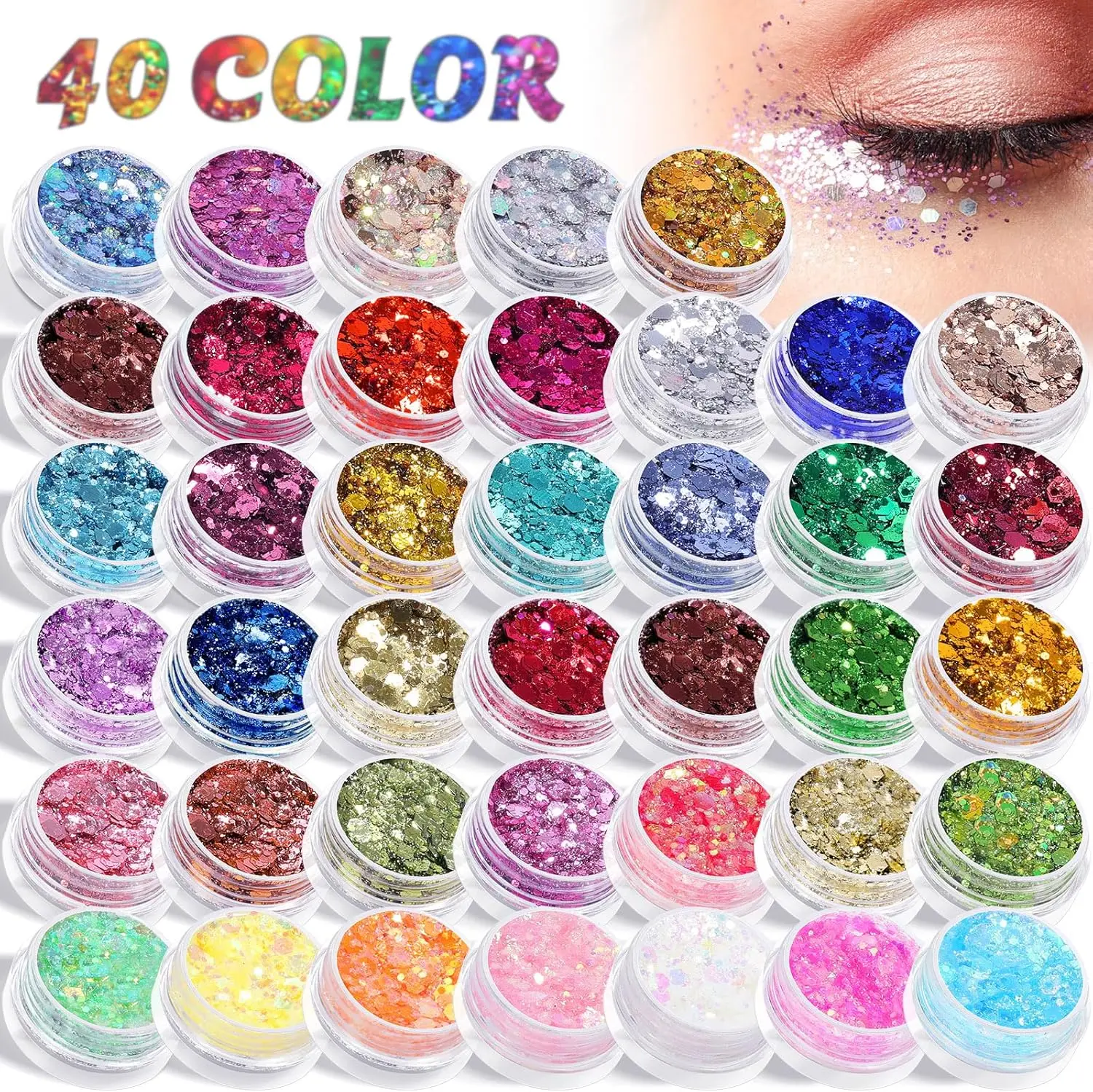 

40 Colors Nail Glitter,Holographic Chunky and Fine Glitter Mix, Festival Sequins & Glitter Powder, Flakes Hair Nail Glitter